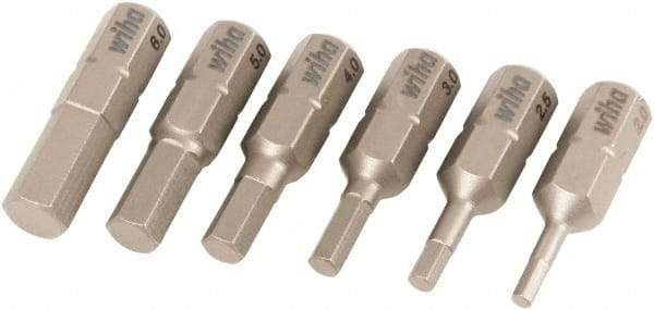 Wiha - 6 Piece, 1/4" Drive Screwdriver Insert Bit Set - 2 to 6mm Hex - All Tool & Supply