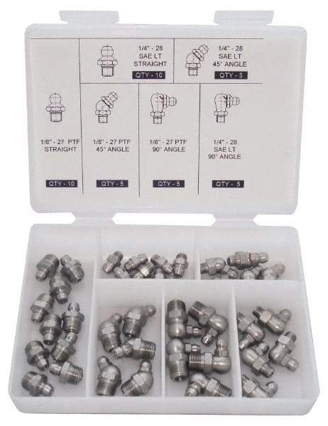 PRO-LUBE - 40 Piece, Inch, Box Plastic Stainless Steel Grease Fitting Set - Includes PTF, UNF Thread Types, Includes 1/4-28 SAE-LT: (10) Straight, (5) 45°, (5) 90°, 1/8-27 PTF: (10) Straight, (5) 45°, (5) 90° - All Tool & Supply