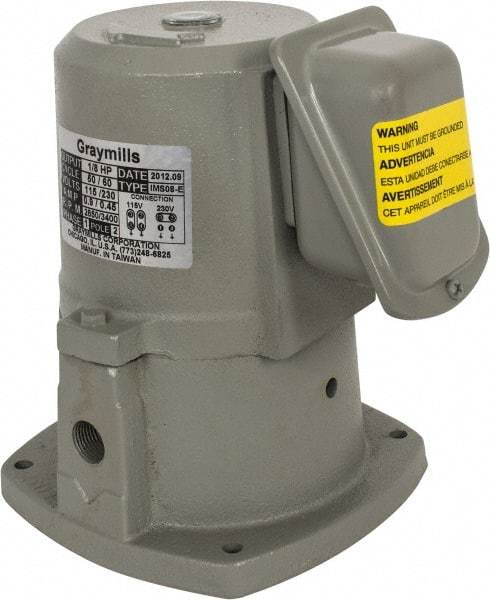 Graymills - 0.7/0.35 Amp, 115/230 Volt, 1/8 hp, 1 Phase, 3,450 RPM, Cast Iron Suction Machine Tool & Recirculating Pump - 9.5 GPM, 14 psi, 5-1/2" Long x 5-1/2" Mounting Flange Width, 6-7/8" Overall Height, Plastic Impeller, Sealed Motor - All Tool & Supply