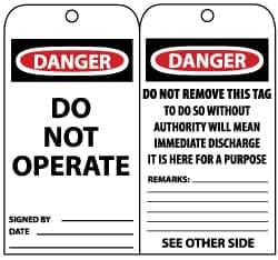 NMC - 3" High x 6" Long, DANGER - DO NOT OPERATE, English Safety & Facility Lockout Tag - Tag Header: Danger, 2 Sides, Black, Red & White Unrippable Vinyl - All Tool & Supply