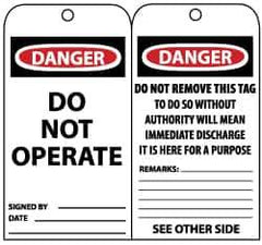 NMC - 3" High x 6" Long, DANGER - DO NOT OPERATE, English Safety & Facility Lockout Tag - Tag Header: Danger, 2 Sides, Black, Red & White Unrippable Vinyl - All Tool & Supply