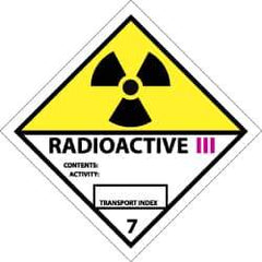 NMC - Accident Prevention Label - Legend: Radioactive III Contents: Activity: Transport Index, English, Black, Yellow, Pink & White, 4" Long x 4" High, Sign Muscle Finish - All Tool & Supply