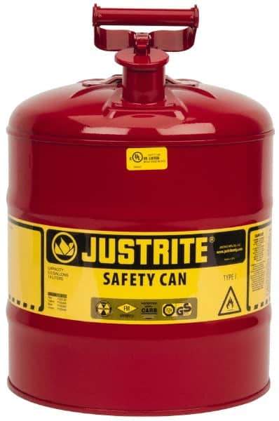 Justrite - 5 Gal Galvanized Steel Type I Safety Can - 16-7/8" High x 11-3/4" Diam, Red with Yellow - All Tool & Supply