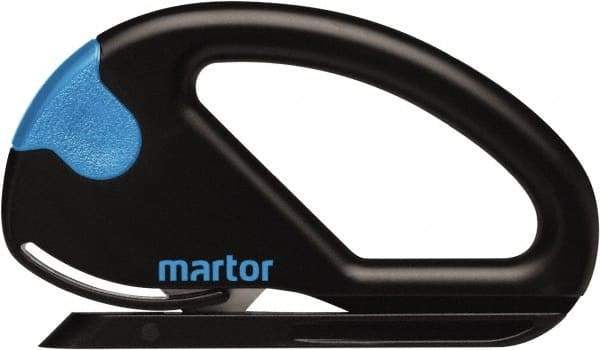 Martor USA - Fixed Safety Cutter - 1-11/16" Carbon Steel Blade, Black & Blue Polycarbonate Handle, 1 Blade Included - All Tool & Supply