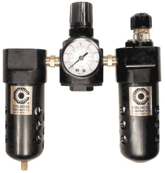 Coilhose Pneumatics - 3/8" NPT Port Compact 3 Piece Filter-Regulator-Lubricator FRL Unit - Polycarbonate Bowl, 65 SCFM, 150 Max psi, 6.5" High, Manual Drain - All Tool & Supply