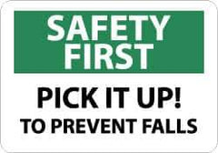 NMC - "Safety First - Pick It Up! to Prevent Falls", 10" Long x 14" Wide, Rigid Plastic Safety Sign - Rectangle, 0.05" Thick, Use for Accident Prevention - All Tool & Supply