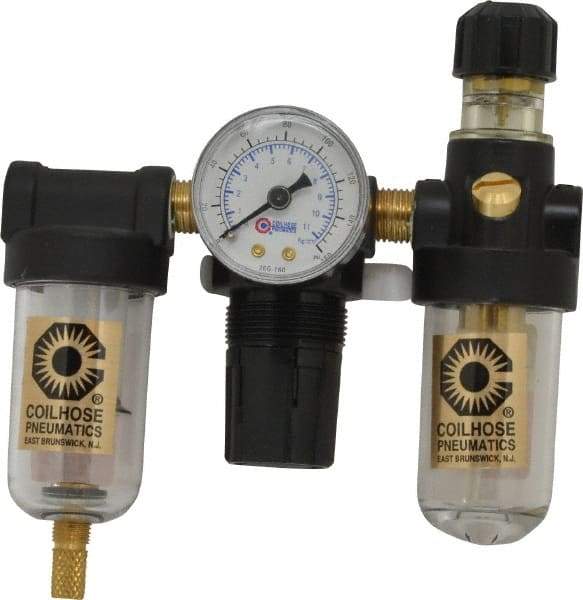 Coilhose Pneumatics - 1/4" NPT Port Miniature 3 Piece Filter-Regulator-Lubricator FRL Unit - Polycarbonate Bowl, 25 SCFM, 150 Max psi, 6.125" High, Manual Drain - All Tool & Supply