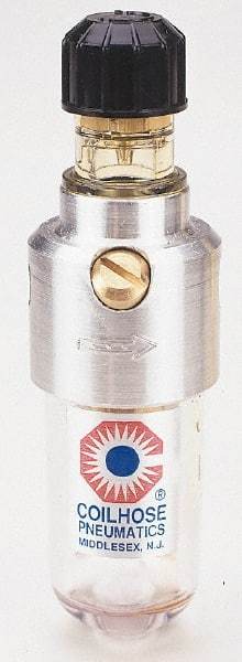 Coilhose Pneumatics - 1/8 NPT Port, 150 Max psi, Miniature Lubricator - Polycarbonate Bowl, Cast Aluminum Body, 11 CFM, 120°F Max, 1-1/2" Wide x 5" High - All Tool & Supply