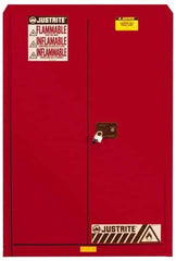 Justrite - 2 Door, 5 Shelf, Red Steel Standard Safety Cabinet for Flammable and Combustible Liquids - 65" High x 43" Wide x 18" Deep, Manual Closing Door, 3 Point Key Lock, 60 Gal Capacity - All Tool & Supply