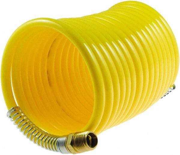 Coilhose Pneumatics - 1/4" ID, 1/4 Thread, 25' Long, Yellow Nylon Coiled & Self Storing Hose - 185 Max psi, Male Swivel x Male Swivel - All Tool & Supply