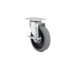 Swivel Top Plate Caster: Thermoplastic Rubber, 5″ Wheel Dia, 1-1/4″ Wheel Width, 298 lb Capacity, 6-1/8″ OAH 2.875″ Plate Length, 3.63″ Plate Width, Rollock Brake