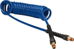 Coilhose Pneumatics - 1/4" ID, 1/4 Thread, 15' Long, Dark Blue Polyurethane Coiled & Self Storing Hose - 125 Max psi, Male Swivel x Male Swivel with Strain Relief - All Tool & Supply