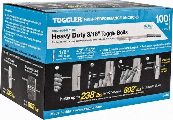 Toggler - 3/16" Screw, 6-1/4" Long, 3/8 to 3-5/8" Thick, Toggle Bolt Drywall & Hollow Wall Anchor - 3/16 - 24" Thread, 1/2" Drill, Zinc Plated, Steel, Grade 1010, Use in Drywall - All Tool & Supply