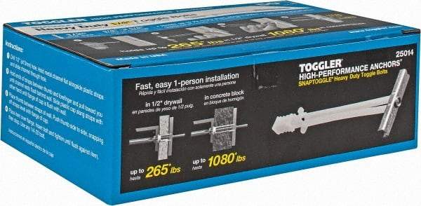 Toggler - 1/4" Screw, 6-1/4" Long, 3/8 to 3-5/8" Thick, Toggle Bolt Drywall & Hollow Wall Anchor - 1/4 - 20" Thread, 1/2" Drill, Zinc Plated, Steel, Grade 1010, Use in Drywall - All Tool & Supply