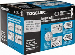 Toggler - 1/2" Screw, 6" Long, 3/8 to 2-1/2" Thick, Toggle Bolt Drywall & Hollow Wall Anchor - 1/2 - 13" Thread, 3/4" Drill, Uncoated, Stainless Steel, Grade 304, Use in Drywall - All Tool & Supply