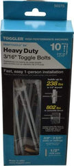 Toggler - 3/16" Screw, 6-1/4" Long, 3/8 to 3-5/8" Thick, Toggle Bolt Drywall & Hollow Wall Anchor - 3/16 - 24" Thread, 1/2" Drill, Zinc Plated, Steel, Grade 1010, Use in Drywall - All Tool & Supply