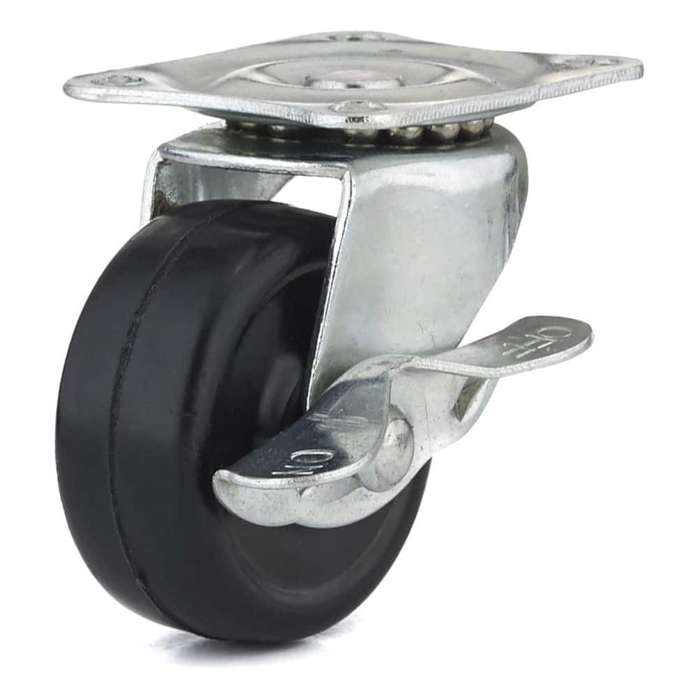 Swivel Top Plate Caster: Rubber, 1-9/16″ Wheel Dia, 11/16″ Wheel Width, 44 lb Capacity, 2″ OAH 1.5625″ Plate Length, 1.88″ Plate Width, Side Cam