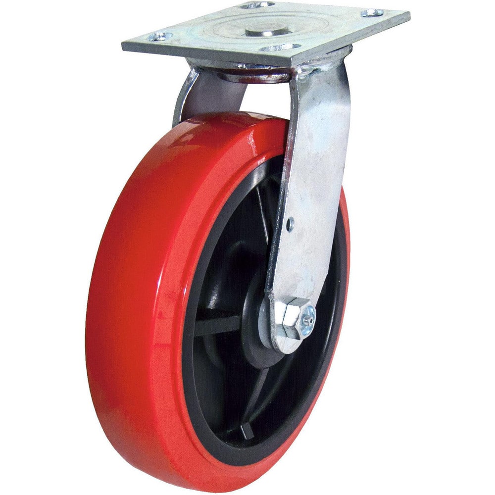 Swivel Top Plate Caster: Polyurethane, 7-7/8″ Wheel Dia, 2″ Wheel Width, 772 lb Capacity, 9-15/16″ OAH 4″ Plate Length, 4.5″ Plate Width, No Brake