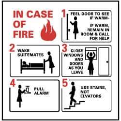 NMC - "In Case of Fire - 1. Feel Door to See If Warm - If Warm Remain in Room & Call for Help - 2.Wake Suitemates - 3. Close...", 7" Long x 7" Wide, Rigid Plastic Safety Sign - Square, 0.05" Thick, Use for First Aid - All Tool & Supply