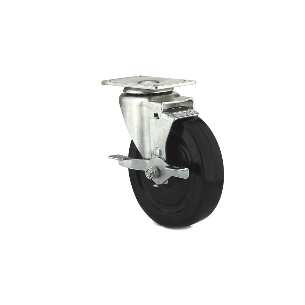 Swivel Top Plate Caster: Rubber, 4-15/16″ Wheel Dia, 1-1/4″ Wheel Width, 298 lb Capacity, 6-1/8″ OAH 2.375″ Plate Length, 3.63″ Plate Width, Rollock Brake