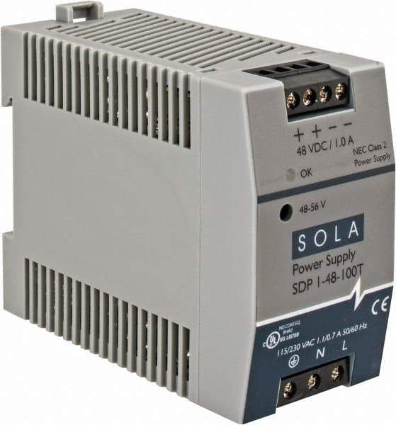 Sola/Hevi-Duty - 100 Watt, 1 Amp, 264 VAC, 375 VDC Input, 48 to 56 VDC Output, DIN Rail Power Supply - Screw Terminal Connection, 1 Output, 1.77 Inch Wide x 3.58 Inch Deep x 2.95 Inch High, Up to 90% Efficiency, 14 to 140°F, Green LED Display - All Tool & Supply