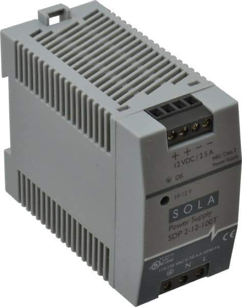 Sola/Hevi-Duty - 100 Watt, 3 to 2.5 Amp, 264 VAC, 375 VDC Input, 10 to 12 VDC Output, DIN Rail Power Supply - Screw Terminal Connection, 1 Output, 1.77 Inch Wide x 3.58 Inch Deep x 2.95 Inch High, Up to 80% Efficiency, 14 to 140°F, Green LED Display - All Tool & Supply