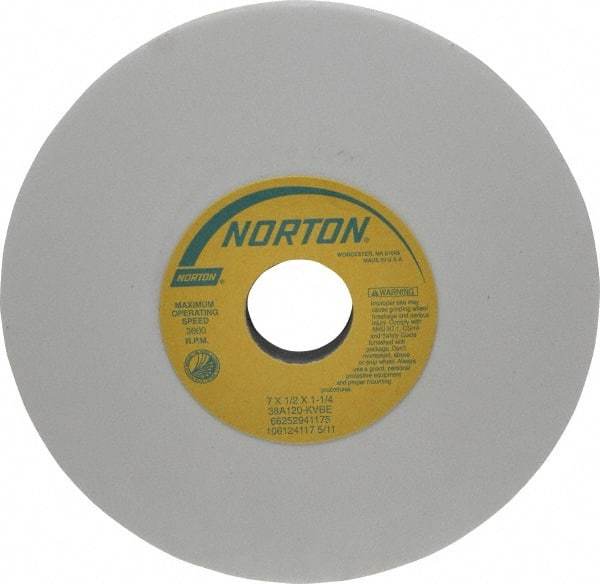 Norton - 7" Diam x 1-1/4" Hole x 1/2" Thick, K Hardness, 120 Grit Surface Grinding Wheel - Aluminum Oxide, Type 1, Fine Grade, 3,600 Max RPM, Vitrified Bond, No Recess - All Tool & Supply