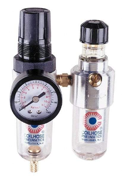 Coilhose Pneumatics - 1/4" NPT Port Miniature 2 Piece Filter/Regulator-Lubricator FRL Unit - Polycarbonate Bowl, 25 SCFM, 150 Max psi, 6" High, Manual Drain - All Tool & Supply