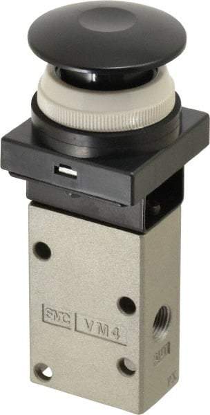 SMC PNEUMATICS - 0.38 CV Rate, 1/4" NPT Inlet Mechanical Valve - 3 Way, 3 Ports, Push Button Mushroom - All Tool & Supply