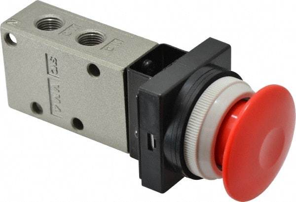 SMC PNEUMATICS - 0.38 CV Rate, 1/4" NPT Inlet Mechanical Valve - 3 Way, 3 Ports, Push Button Mushroom - All Tool & Supply