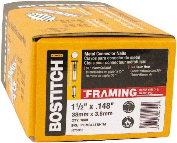 Stanley Bostitch - 10 Gauge 0.148" Shank Diam 1-1/2" Long Metal Connecting Nails for Power Nailers - Steel, Galvanized Finish, Smooth Shank, Angled Stick Paper Tape Collation, Round Head, Diamond Point - All Tool & Supply