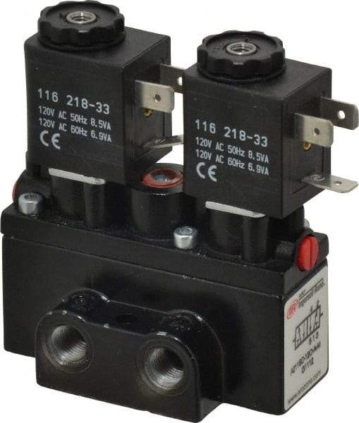 ARO/Ingersoll-Rand - 1/8" Inlet x 1/8" Outlet, Solenoid Actuator, Solenoid Return, 2 Position, Body Ported Solenoid Air Valve - 120 VAC Input, 32 CFM, 0.9 CV, 4 Way, 150 psi, 3-1/2" Long x 1-15/16" Wide x 3-1/4" High, 0 to 180°F - All Tool & Supply