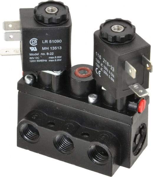 ARO/Ingersoll-Rand - 1/4" Inlet x 1/4" Outlet, Solenoid Actuator, Solenoid Return, 3 Position, Body Ported Solenoid Air Valve - 120 VAC Input, 32 CFM, 0.9 CV, 4 Way, 150 psi, 2-15/16" Long x 1-15/16" Wide x 1-13/16" High, 0 to 180°F - All Tool & Supply