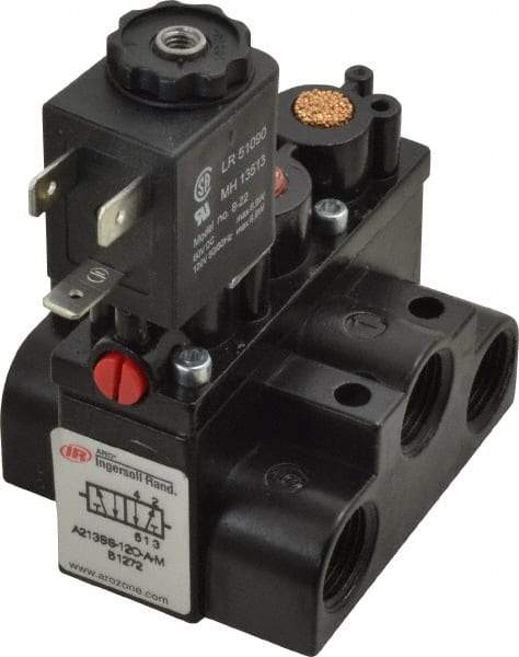 ARO/Ingersoll-Rand - 3/8" Inlet x 3/8" Outlet, Solenoid Actuator, Spring Return, 2 Position, Body Ported Solenoid Air Valve - 120 VAC Input, 63 CFM, 1.7 CV, 4 Way, 150 psi, 3-1/2" Long x '2-1/2" Wide x 3-5/8" High, 0 to 180°F - All Tool & Supply