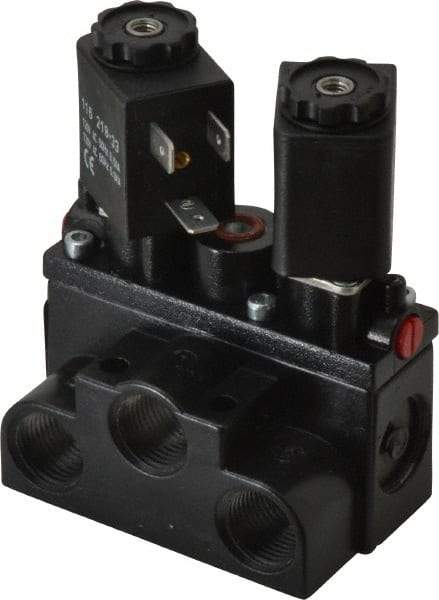 ARO/Ingersoll-Rand - 3/8" Inlet x 3/8" Outlet, Solenoid Actuator, Solenoid Return, 2 Position, Body Ported Solenoid Air Valve - 120 VAC Input, 63 CFM, 1.7 CV, 4 Way, 150 psi, 4" Long x '2-1/2" Wide x 3-5/8" High, 0 to 180°F - All Tool & Supply