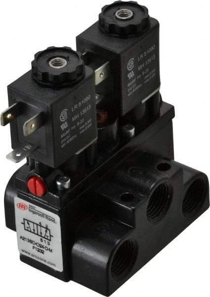 ARO/Ingersoll-Rand - 3/8" Inlet x 3/8" Outlet, Solenoid Actuator, Solenoid Return, 2 Position, Body Ported Solenoid Air Valve - 24 VDC Input, 63 CFM, 1.7 CV, 4 Way, 150 psi, 4" Long x '2-1/2" Wide x 3-5/8" High, 0 to 180°F - All Tool & Supply