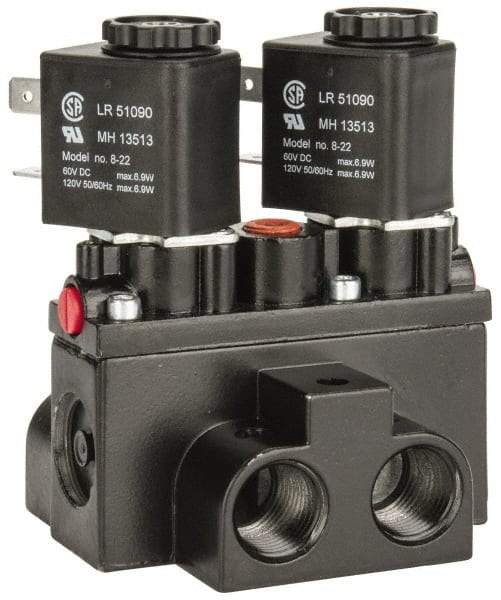 ARO/Ingersoll-Rand - 3/8" Inlet x 3/8" Outlet, Solenoid Actuator, Solenoid Return, 3 Position, Body Ported Solenoid Air Valve - 120 VAC Input, 63 CFM, 1.7 CV, 4 Way, 150 psi, 4" Long x '2-1/2" Wide x 3-5/8" High, 0 to 180°F - All Tool & Supply