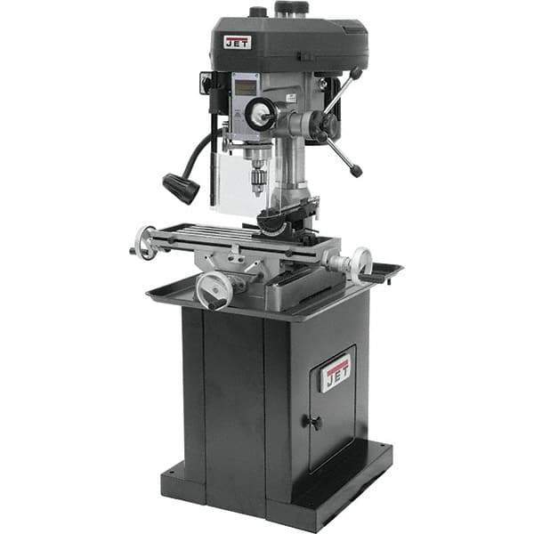 Jet - 1 Phase, 14-1/2" Swing, Step Pulley Mill Drill Machine - 23" Table Length x 7-1/2" Table Width, 14" Longitudinal Travel, 5-1/2" Cross Travel, 12 Spindle Speeds, 1 hp, 115/230 Volts - All Tool & Supply