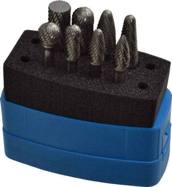 Made in USA - 8 Piece, 1/4" Shank Burr Set - Solid Carbide, Multiple Head Shapes, 14° Included Angle - All Tool & Supply