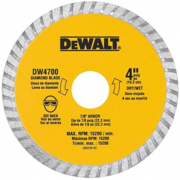 DeWALT - 4" Diam, 7/8" Arbor Hole Diam, Wet & Dry Cut Saw Blade - Diamond-Tipped, Standard Round Arbor - All Tool & Supply