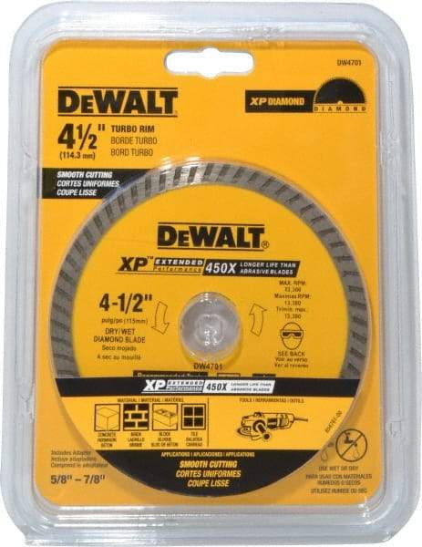 DeWALT - 4-1/2" Diam, 7/8" Arbor Hole Diam, Wet & Dry Cut Saw Blade - Diamond-Tipped, Standard Round Arbor - All Tool & Supply