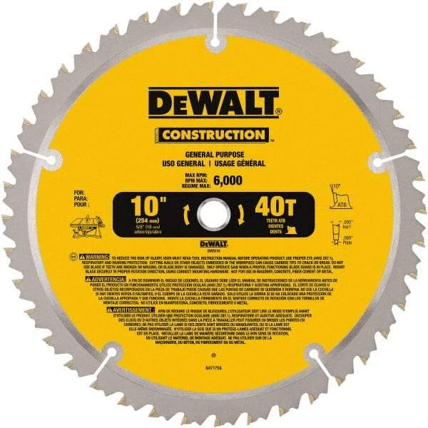 DeWALT - 10" Diam, 5/8" Arbor Hole Diam, 40 Tooth Wet & Dry Cut Saw Blade - Carbide-Tipped, General Purpose Action, Standard Round Arbor - All Tool & Supply