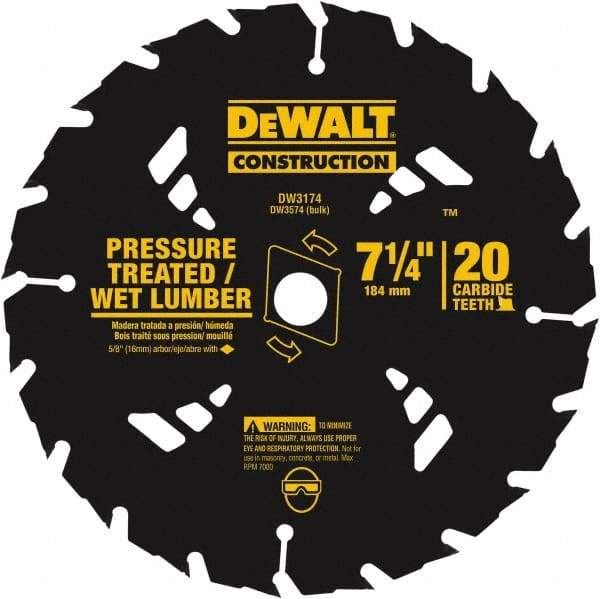 DeWALT - 7-1/4" Diam, 20 Tooth Wet & Dry Cut Saw Blade - Tungsten Carbide-Tipped, Standard Round Arbor - All Tool & Supply