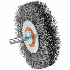 WALTER Surface Technologies - 1-3/8" OD, 1/4" Shank Diam, Crimped Steel Wheel Brush - 1/4" Face Width, 0.008" Filament Diam, 25,000 RPM - All Tool & Supply