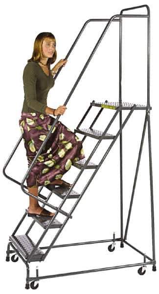 Ballymore - 73" 4 Step Ladder - Spring Loaded Rolling Safety Ladder, 450 Lb Capacity, 38" Platform Height, 30" Base Width x 35" Base Depth, Perforated Tread - All Tool & Supply