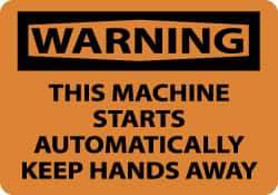 NMC - "Warning - This Machine Starts Automatically - Keep Hands Away", 10" Long x 14" Wide, Rigid Plastic Safety Sign - Rectangle, 0.05" Thick, Use for Accident Prevention - All Tool & Supply