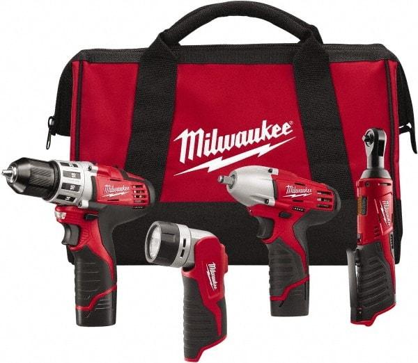 Milwaukee Tool - 12 Volt Cordless Tool Combination Kit - Includes 3/8" Square Drive Impact Wrench, 3/8" Drill/Driver, Work Light & 1/4" Ratchet, Lithium-Ion Battery Included - All Tool & Supply