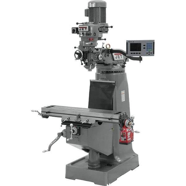 Jet - 9" Table Width x 42" Table Length, Step Pulley Control, 1 Phase Knee Milling Machine - R8 Spindle Taper, 2 hp - All Tool & Supply