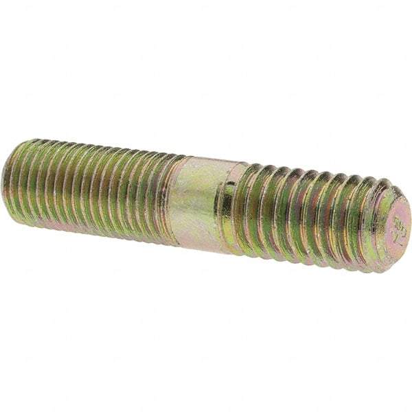 Value Collection - 7/16-20 Long Thread, 7/16-14 Short Thread, 2" OAL Unequal Double Threaded Stud - Alloy Steel, Zinc Yellow Dichromate Finish, 15/16" Long Thread Length, 3/4" Short Thread Length - All Tool & Supply