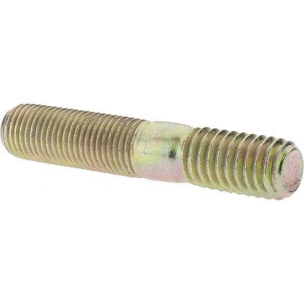 Value Collection - 3/8-24 Long Thread, 3/8-16 Short Thread, 2" OAL Unequal Double Threaded Stud - Alloy Steel, Zinc Yellow Dichromate Finish, 1-1/16" Long Thread Length, 5/8" Short Thread Length - All Tool & Supply